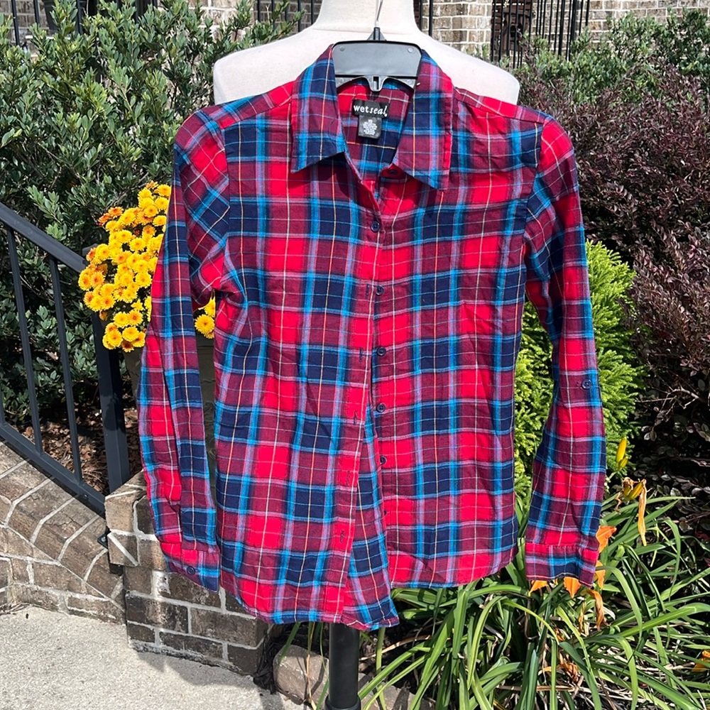 Red Plaid Button Down Blouse